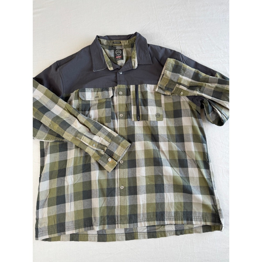 ATG Wrangler Shirt Mens 2XL Green Gray Plaid All Terrain Gear Button Up Outdoors